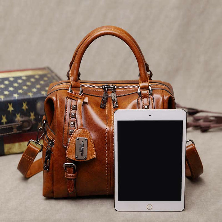 Retro Öl Wachs Leder Nieten Handtasche Tote Satchel Umhängetasche