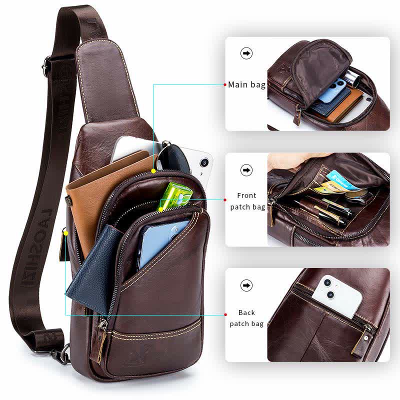Rindsleder Leder wasserdicht Casual Sling Bag Daypack Schulter Brust Tasche
