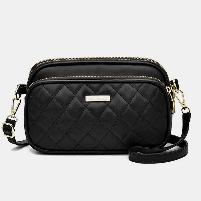 Umhängetasche mit drei Reißverschlüssen, gestepptes Leder, Schultertasche für Damen