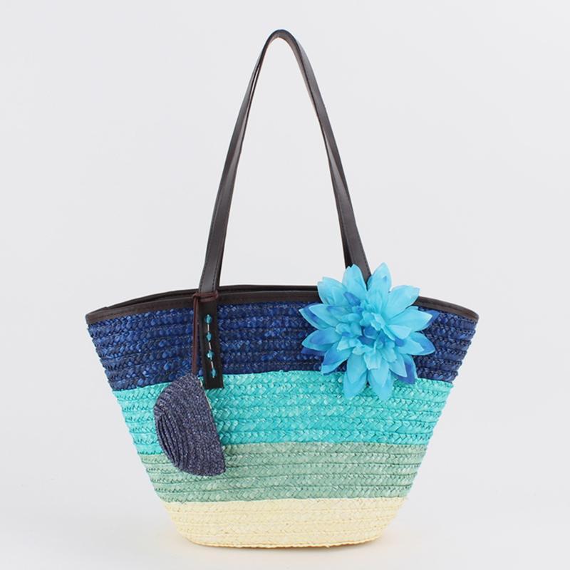 Sommerblumen-Strandtasche aus gewebtem Stroh, Reisetasche