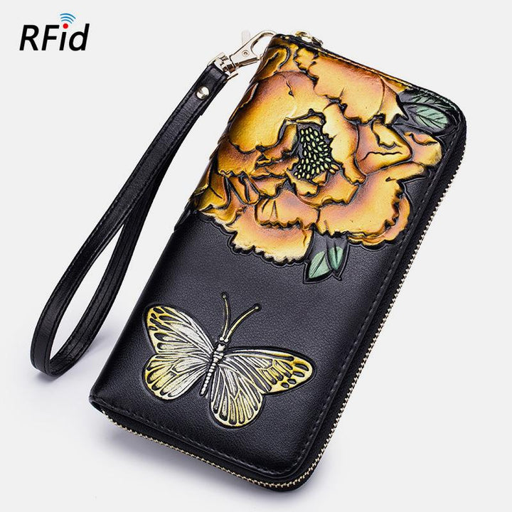 RFID-Geldbörse aus echtem Leder mit Vintage-Blumenprägung
