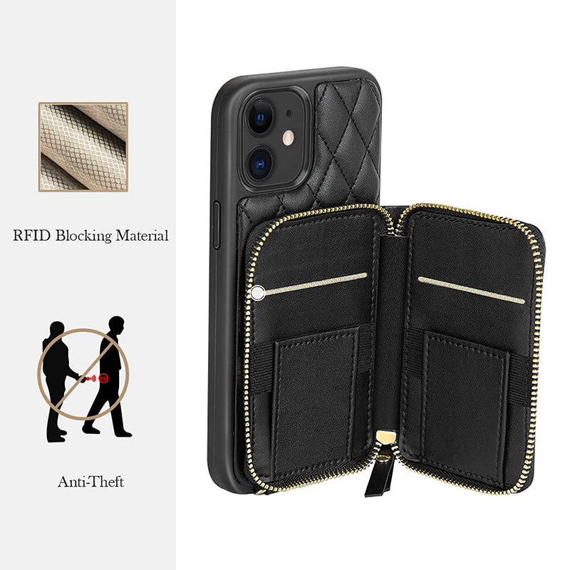 iPhone-Handyhülle, gestepptes Leder, Brieftaschen-Hülle, Kartenhalter mit Umhängegurt