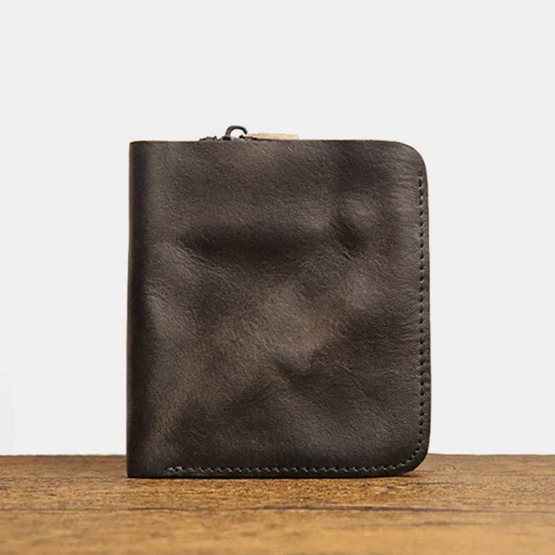 Ledergeldbörse für Herren, doppelt faltbar, Vintage, kurze Geldbörse mit Reißverschluss - Schwarz - image 19