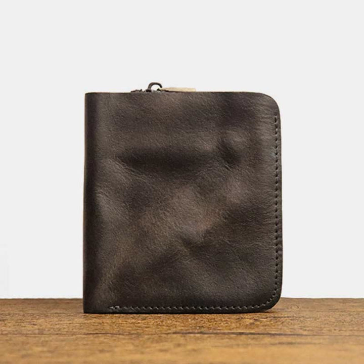 Ledergeldbörse für Herren, doppelt faltbar, Vintage, kurze Geldbörse mit Reißverschluss - Schwarz - image 19