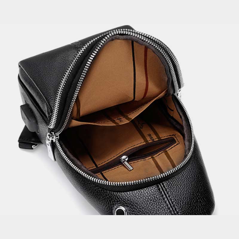 Sling Bag für Herren, schwarzes Leder, lässige Einkaufs-Umhängetasche