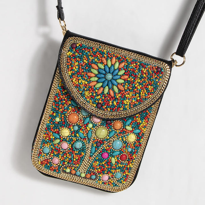 Bohemian Handytasche Damen Muschel Blumen Muster Magnetische Umhängetasche