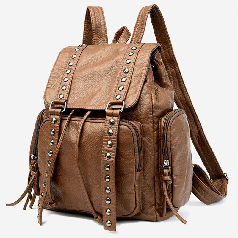Nietenrucksack für Damen, Reiserucksack aus weichem, schlichtem Leder
