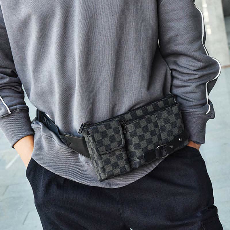 Gürteltasche für Herren, Leder, kariert, Reise-Umhängetasche, Brusttasche