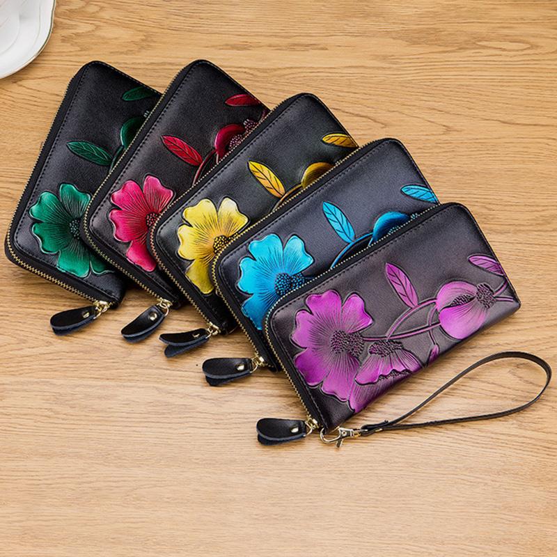 RFID-Geldbörse aus echtem Leder mit Vintage-Blumenprägung
