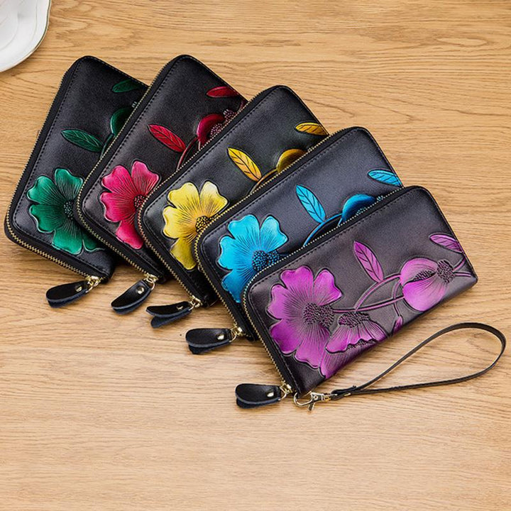 RFID-Geldbörse aus echtem Leder mit Vintage-Blumenprägung