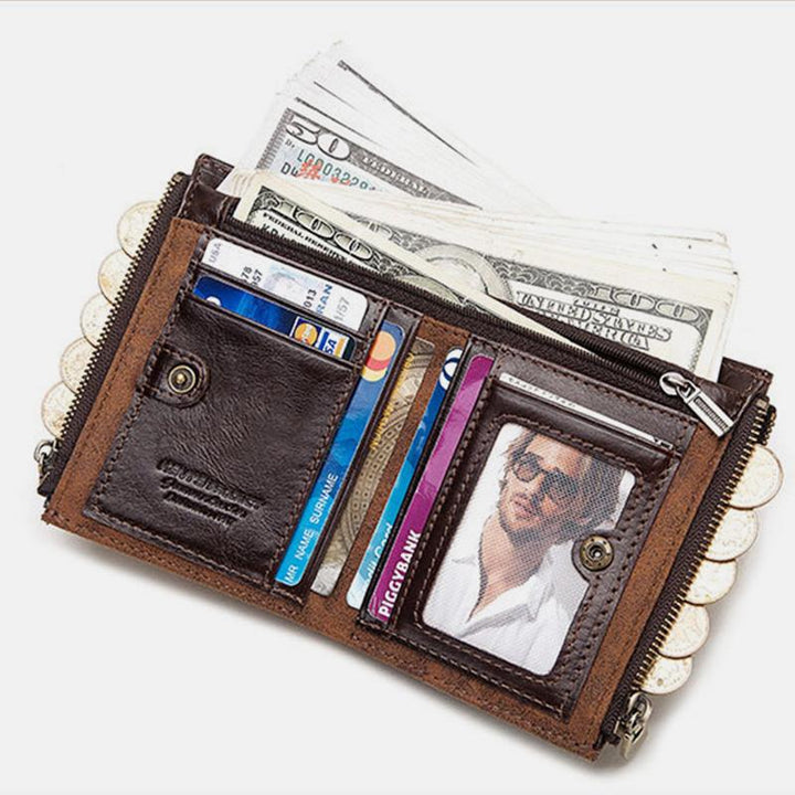 Vintage RFID Echtleder Bifold Münzgeldbörse mit Kette
