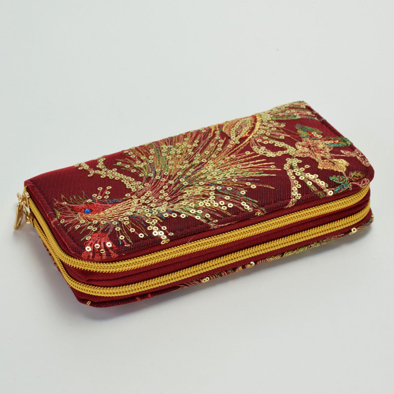 Vintage National Pfau Stickerei Lange Brieftasche Clutch