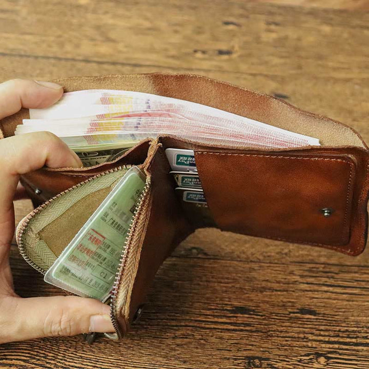 Ledergeldbörse für Herren, doppelt faltbar, Vintage, kurze Geldbörse mit Reißverschluss - image 4