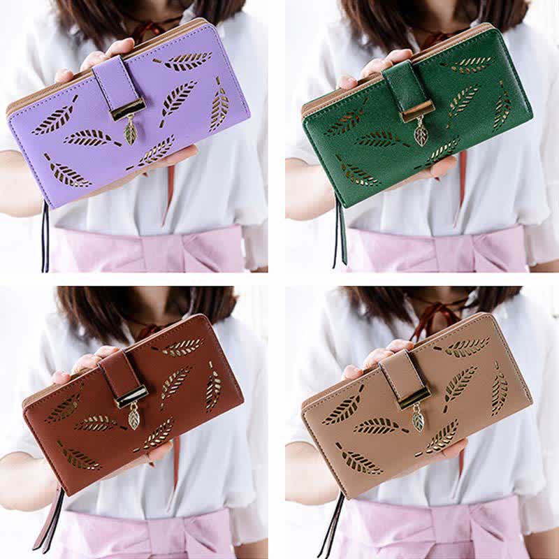 Große Ledergeldbörse für Damen, ausgehöhlt, lang, Clutch
