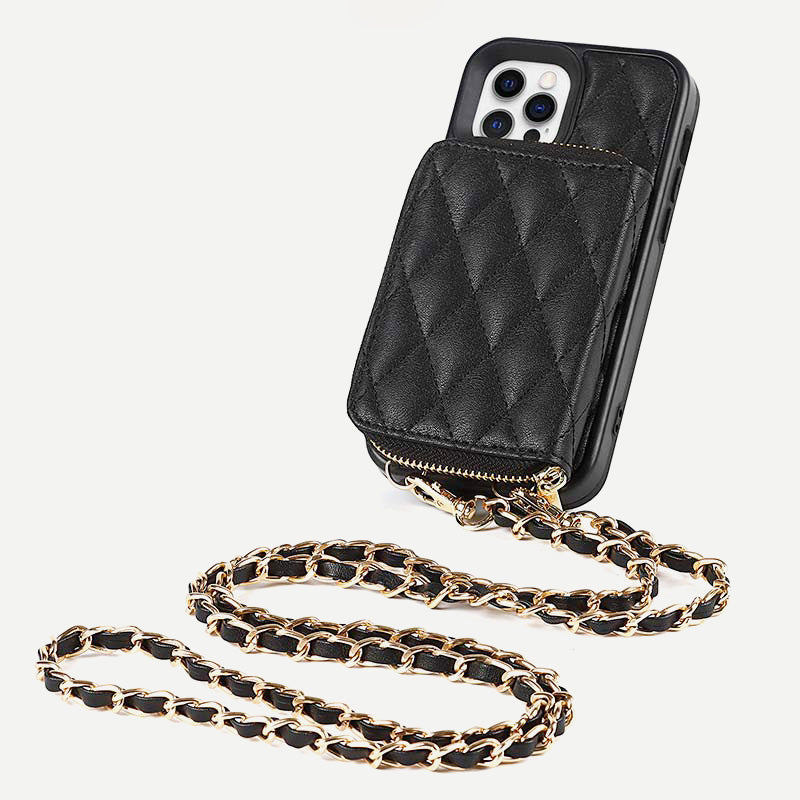 iPhone-Handyhülle, gestepptes Leder, Brieftaschen-Hülle, Kartenhalter mit Umhängegurt