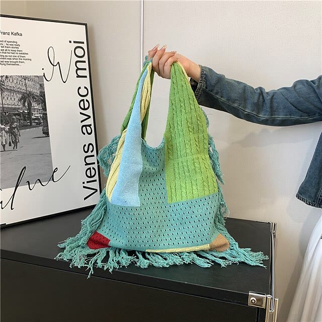 Quaste Umhängetasche für Damen Einfache Retro Gespleißte Stricktasche
