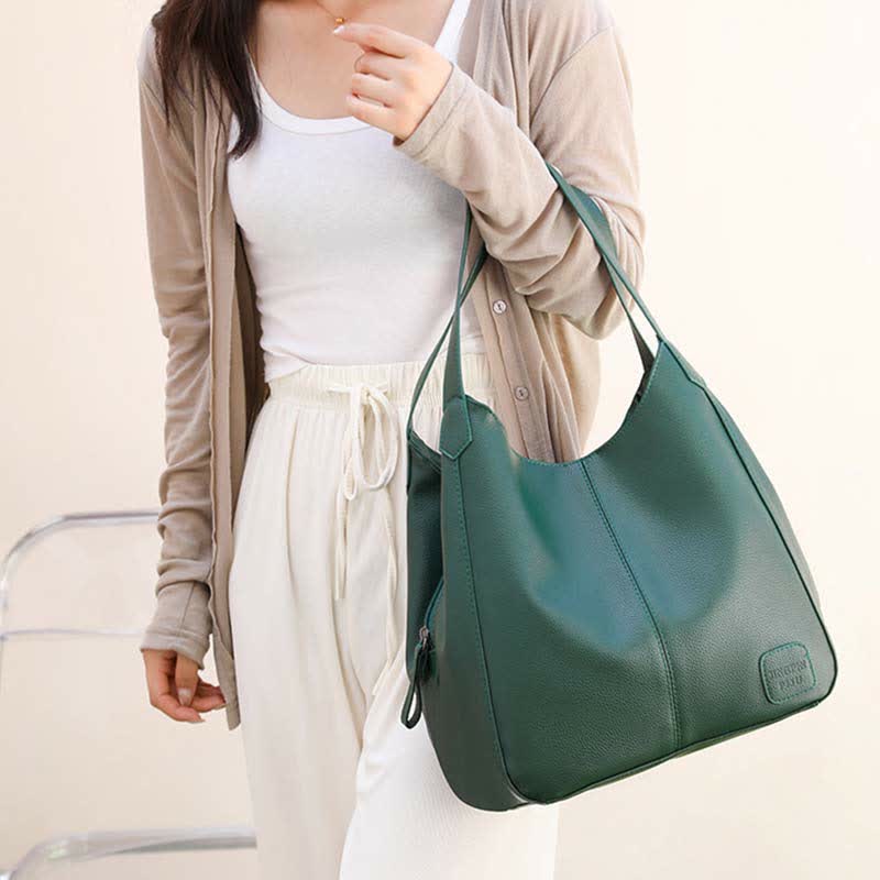 Hobo-Tasche mit drei Fächern für Damen, Schultertasche aus PU-Leder