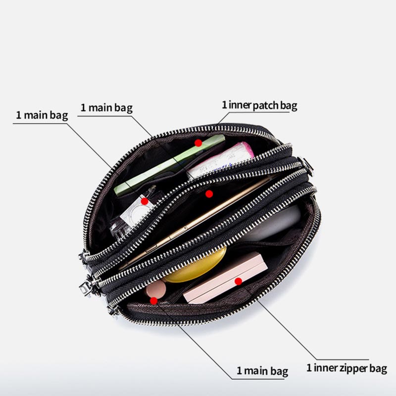Schultertasche aus echtem Leder mit drei Reißverschlüssen, lässige Umhängetasche für Damen