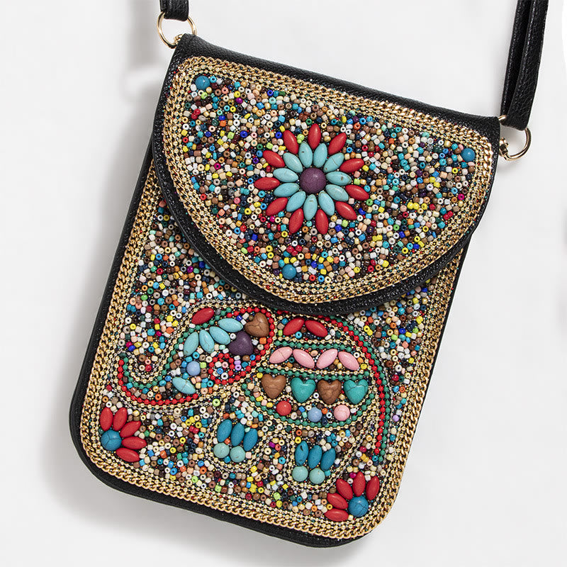 Bohemian Handytasche Damen Muschel Blumen Muster Magnetische Umhängetasche