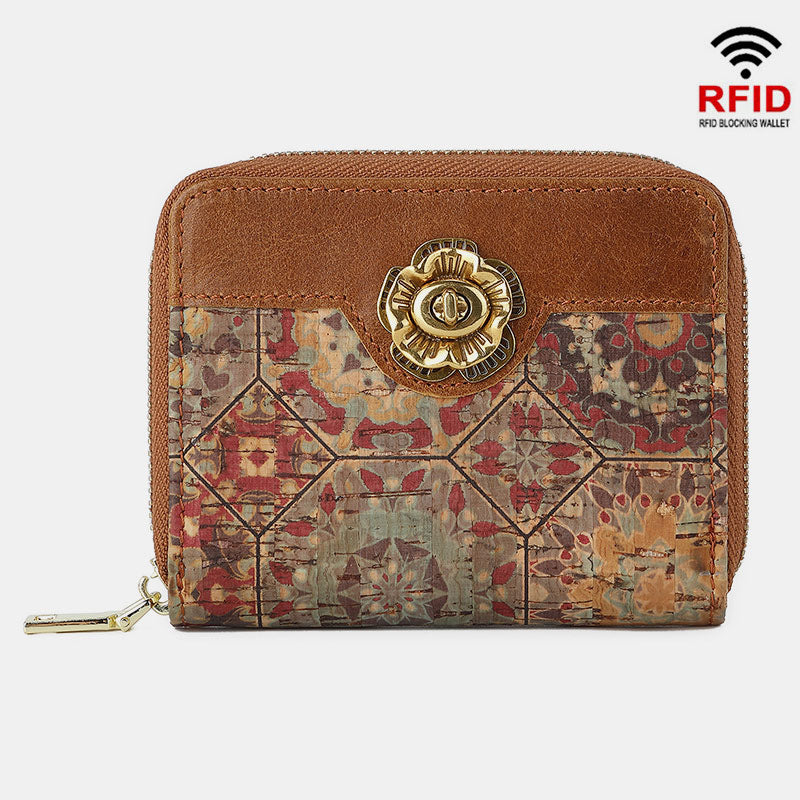 RFID Multi-Slot Echtleder Vintage Druck Kurze Brieftasche Kartenhalter
