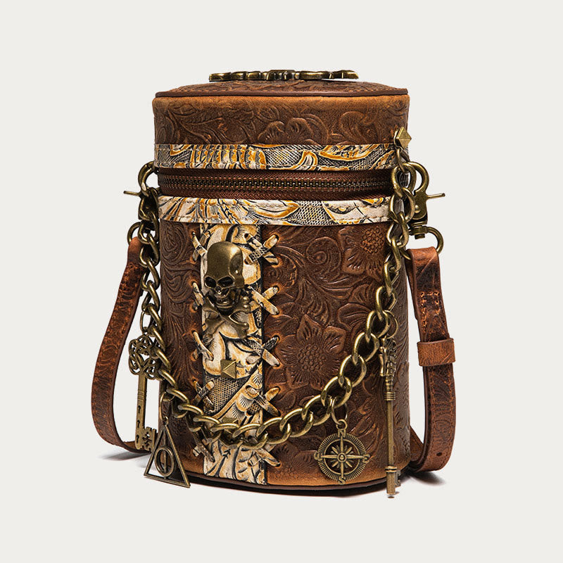 Vintage Umhängetasche Ausgefallene Totenkopf Design Leder Bucket Bag