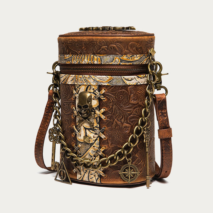 Vintage Umhängetasche Ausgefallene Totenkopf Design Leder Bucket Bag