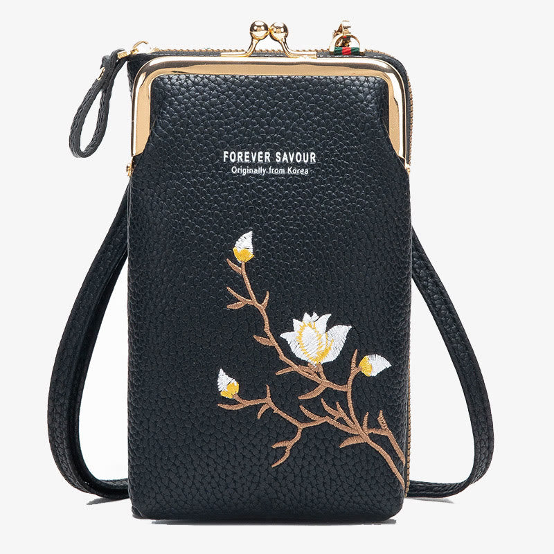 Elegante bestickte Handytasche Damen Mini Crossbody Leder Geldbörse