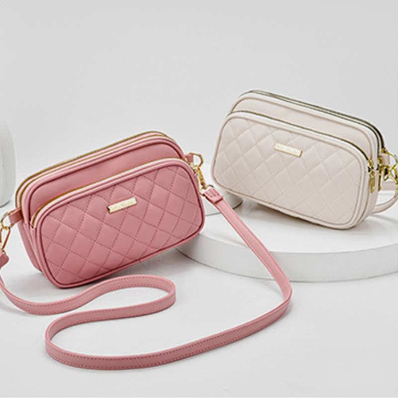 Umhängetasche mit drei Reißverschlüssen, gestepptes Leder, Schultertasche für Damen