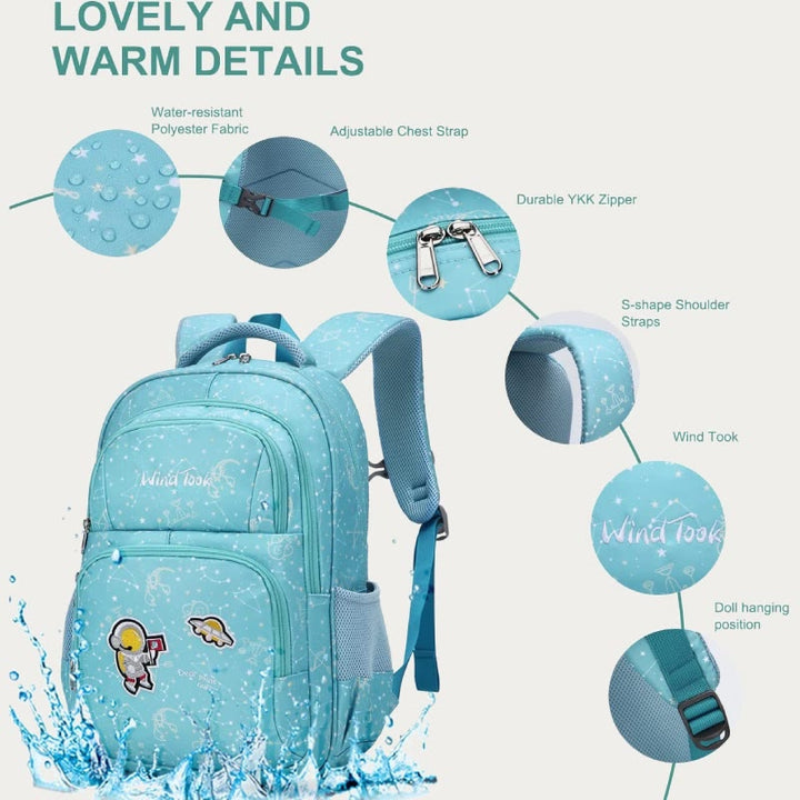 Rucksack für Mädchen, Stickerei, Schultasche mit Lunchbox für Kinder und Teenager