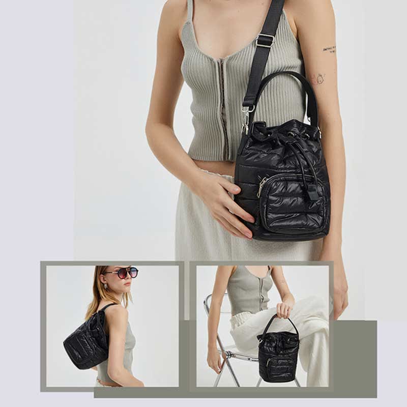 Puffer-Beuteltasche mit Kordelzug für Damen, Daunen-Umhängetasche, gesteppte Umhängetasche