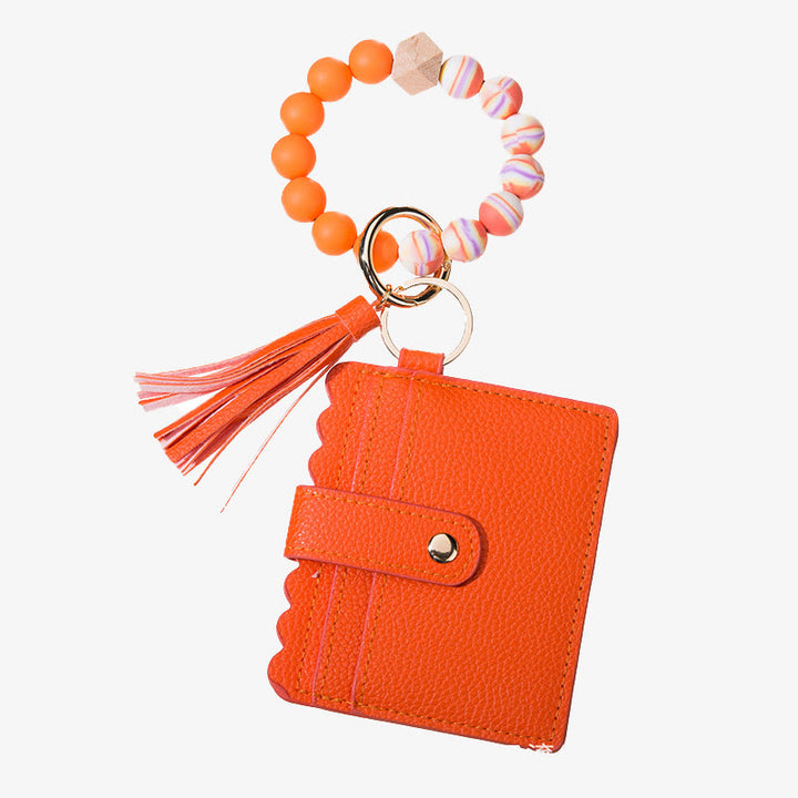 Leder-Kartenhalter für Damen, Silikonperlen-Armband mit Anhänger