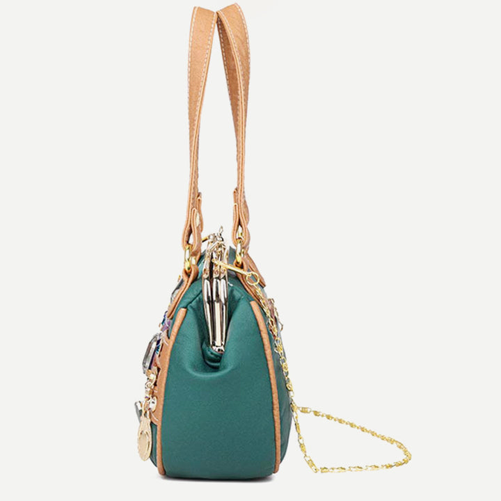 Retro Doppellagige Kiss-Lock Schulterhandtasche Party Abendtasche mit Umhängekette