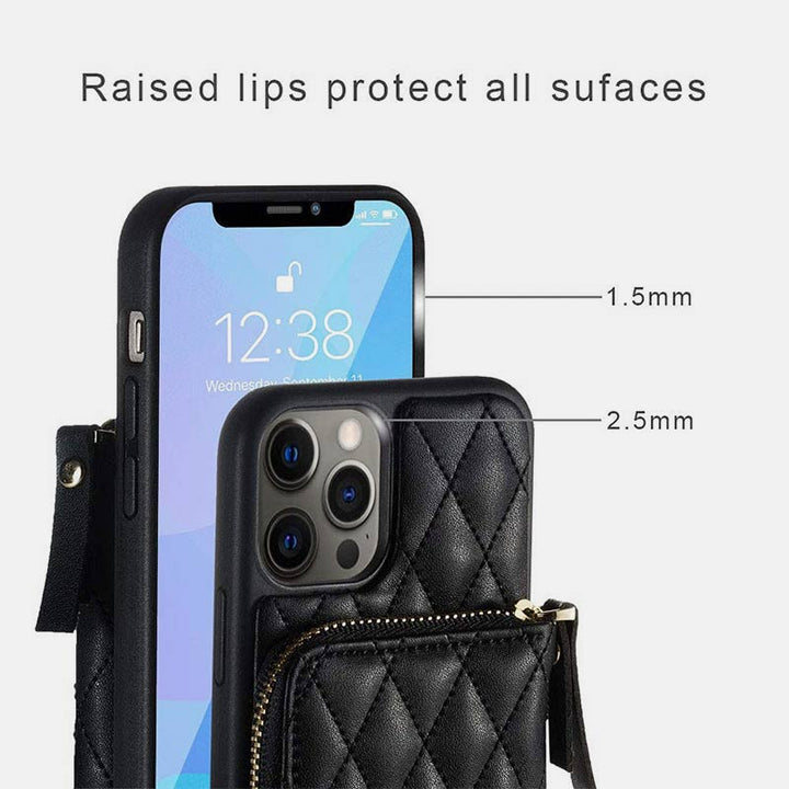 iPhone-Handyhülle, gestepptes Leder, Brieftaschen-Hülle, Kartenhalter mit Umhängegurt