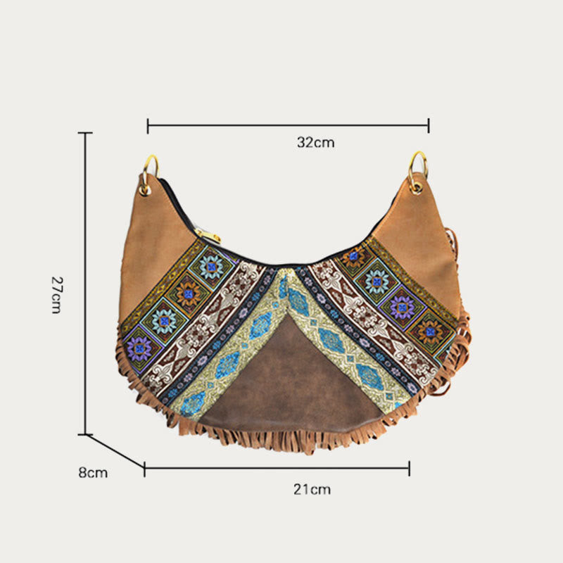 Umhängetasche für Damen, Reisetasche aus Leder im ethnischen Stil mit Quaste