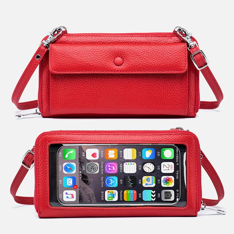 Echtes Leder Touchscreen Telefon Tasche Brieftasche Umhängetasche - OrangeRot - image 16