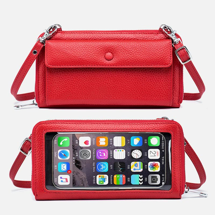 Echtes Leder Touchscreen Telefon Tasche Brieftasche Umhängetasche - OrangeRot - image 16