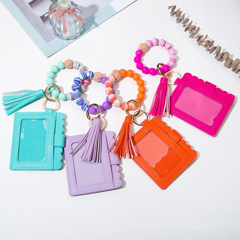 Leder-Kartenhalter für Damen, Silikonperlen-Armband mit Anhänger