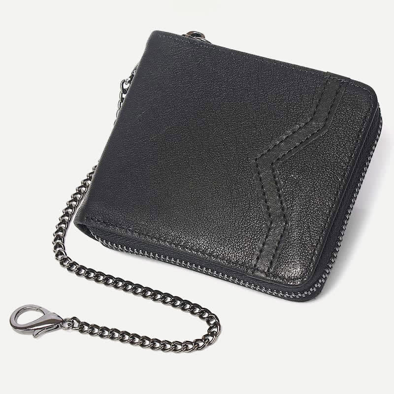 Zweifach gefaltete Geldbörse aus echtem Leder mit Rundum-Reißverschluss und RFID-Blockierung und Kette - Stil 2 - Schwarz - image 9