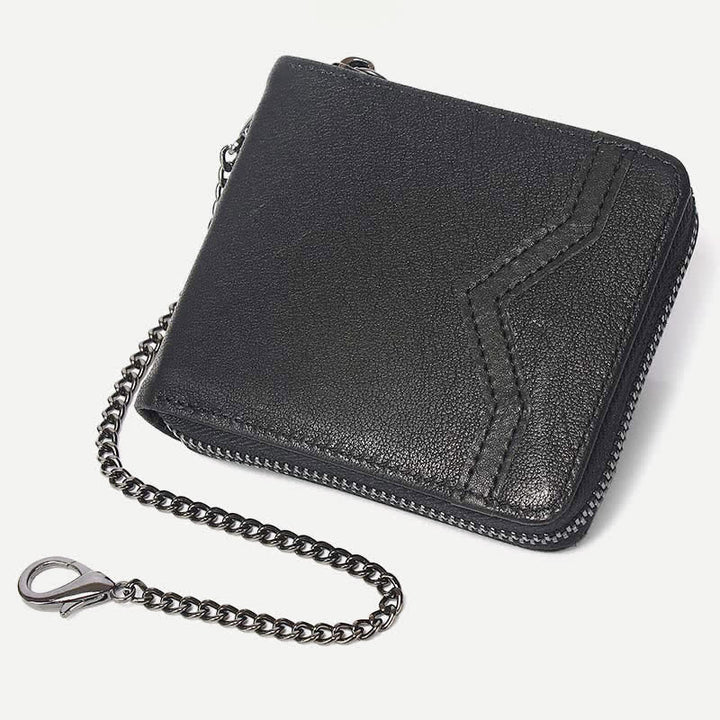 Zweifach gefaltete Geldbörse aus echtem Leder mit Rundum-Reißverschluss und RFID-Blockierung und Kette - Stil 2 - Schwarz - image 9