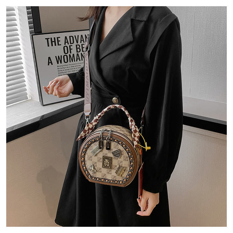 Top-Griff-Tasche für Damen Vintage breite Riemen kleine runde Tasche