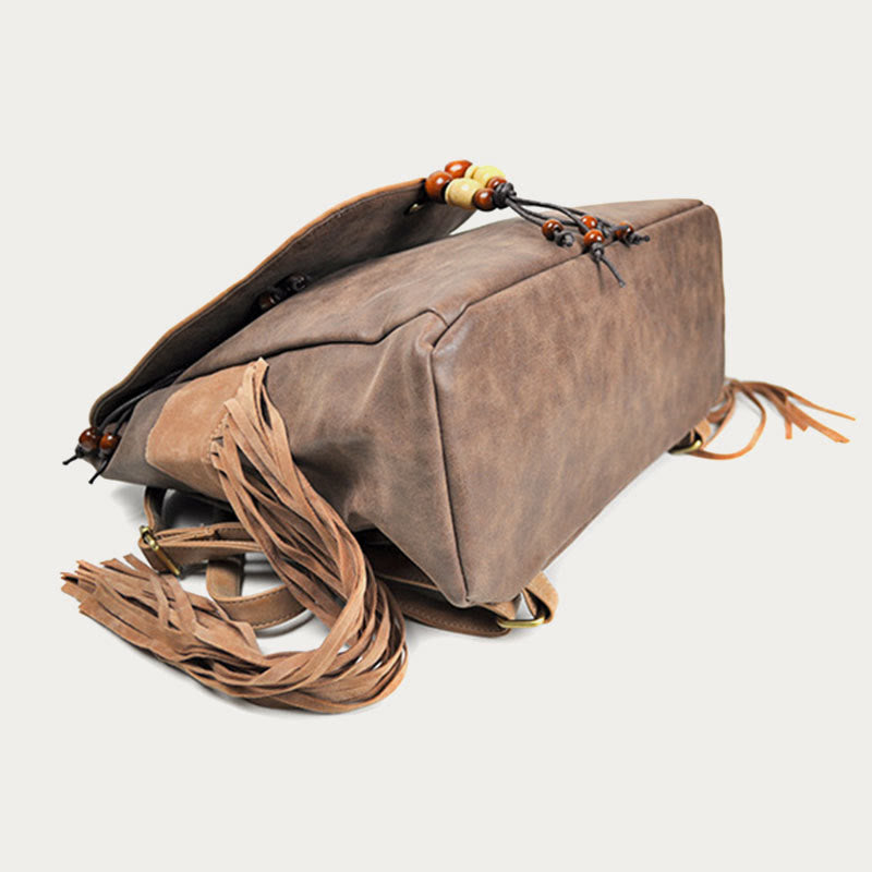 Rucksack für Damen im ethnischen Stil mit Druck und Quaste, Tagesrucksack aus Leder