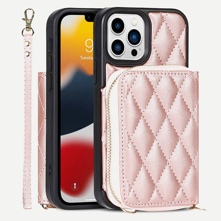 iPhone-Handyhülle, gestepptes Leder, Brieftaschen-Hülle, Kartenhalter mit Umhängegurt