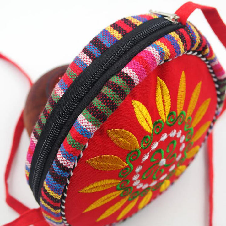 Folk Custom Canvas Tasche Frauen Stickerei Sonnenblume kleine runde Tasche
