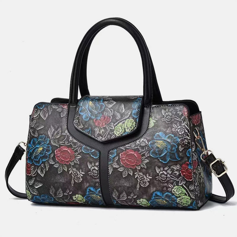 Retro Floral Emboss Handtasche Damen Horizontale Umhängetasche aus Leder
