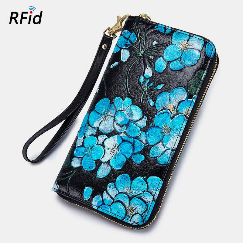 RFID-Geldbörse aus echtem Leder mit Vintage-Blumenprägung