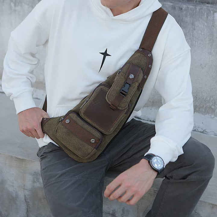 Sling Bag für Herren, schwarze Vintage-Business-Umhängetasche aus Canvas
