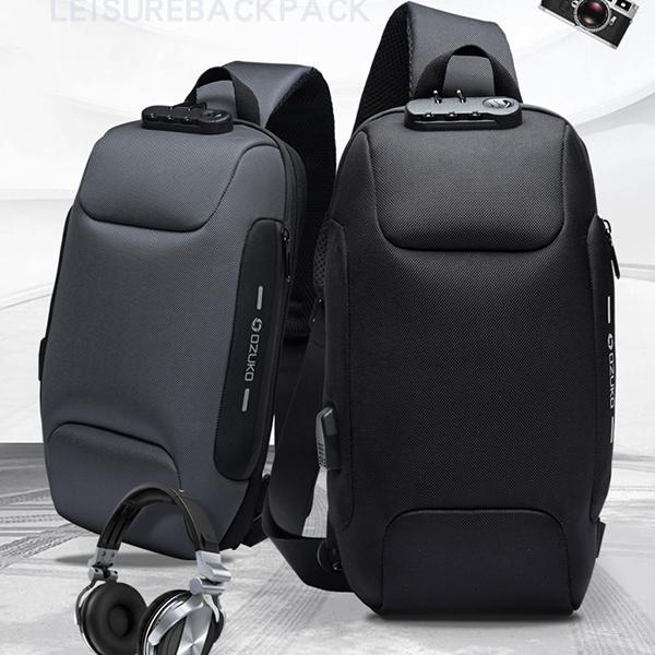 Modische Schultertasche mit mehreren Taschen, Brusttasche mit Passschloss und USB-Ladeanschluss