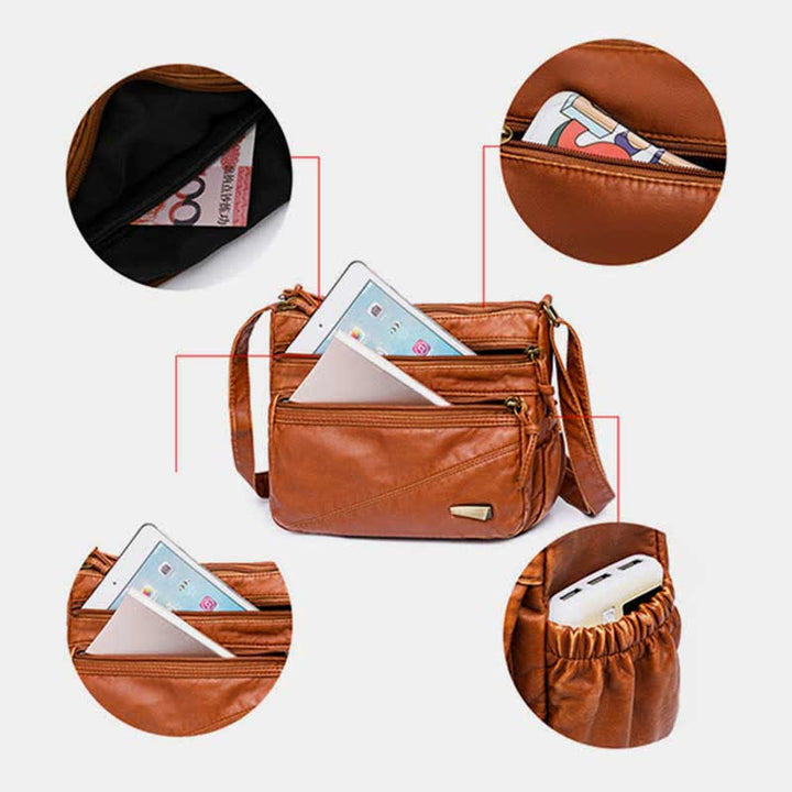 Umhängetasche aus weichem Leder mit zwei Fächern, Retro-Handtasche für Damen