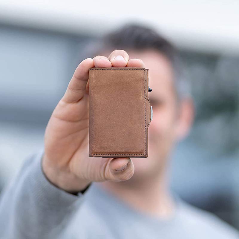 Minimalistische Geldbörse aus echtem Leder, dreifach faltbar, Pop-Up-Kartenhalter mit RFID-Blockierung