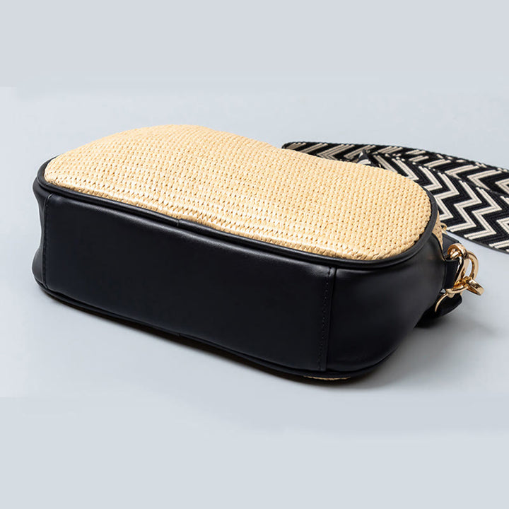 Kleine Pendlertasche für Damen, Umhängetasche aus Stroh mit breitem Riemen
